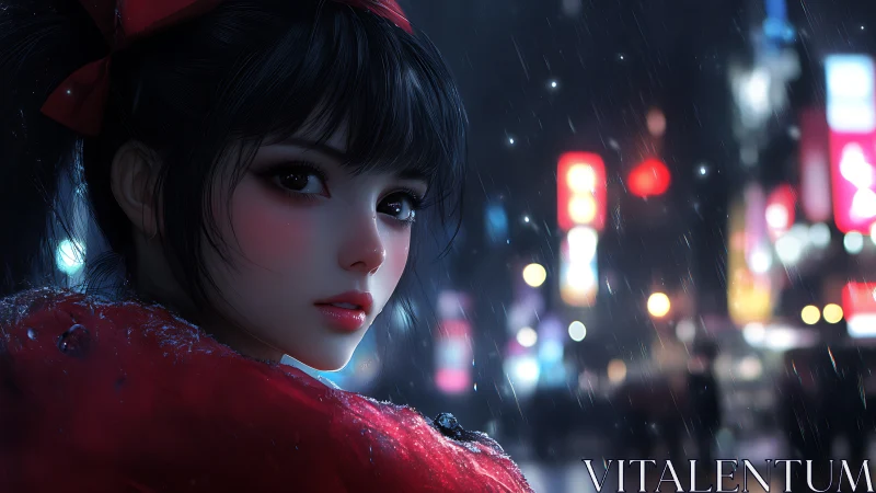 Rain-soaked anime girl in neon-lit urban night portrait