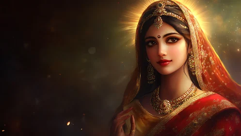 Golden-lit portrait of Indian bride with ornate jewelry and halo glow