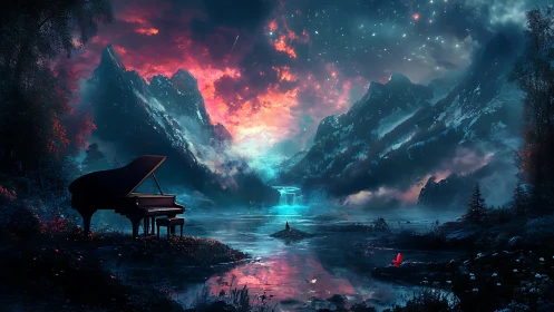 Moonlit piano dreaming beside a glowing waterfall sky.