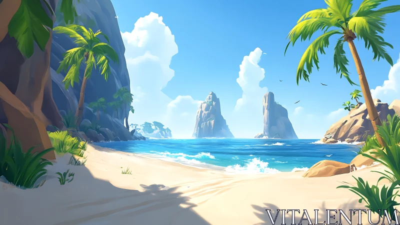 Tropical Paradise Beach Cove With Towering Island Cliffs