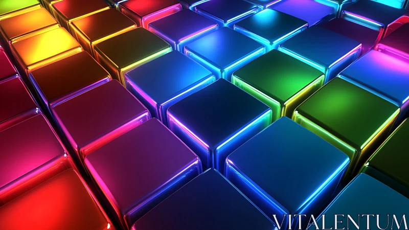 Chromatic neon cubes pulse across a glossy digital skyline.