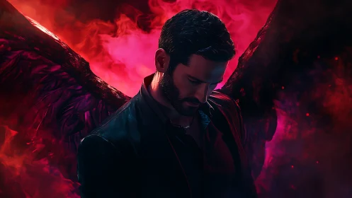 Winged male figure in red and black atmospheric lighting.