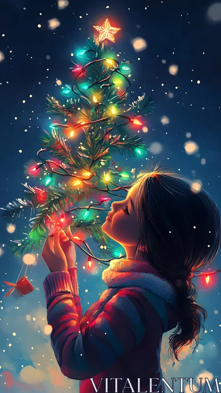 Child beside glowing Christmas tree under falling snow.