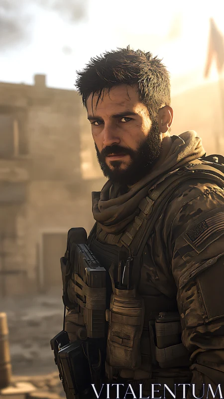 Battle-hardened soldier bathed in fierce desert sunlight.