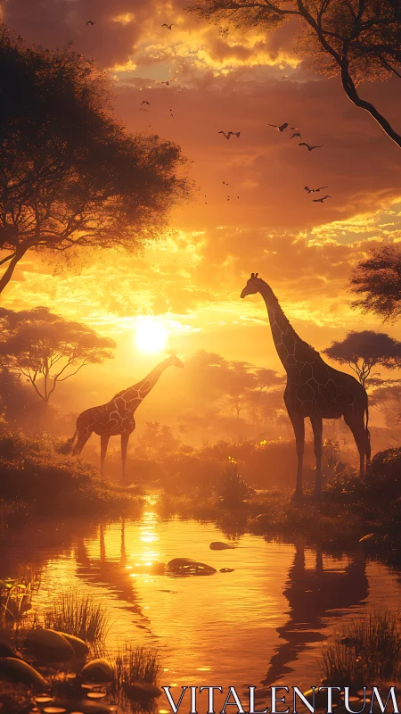 Golden-hour giraffes stand beside a tranquil African river