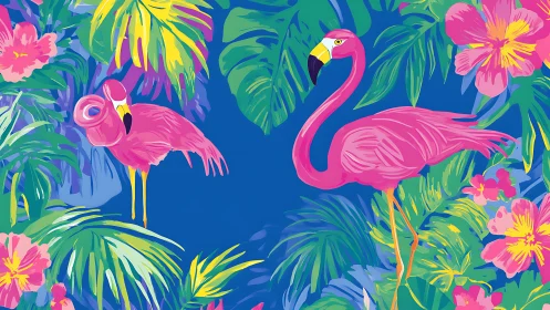Vibrant tropical flamingos in saturated botanical digital painting.