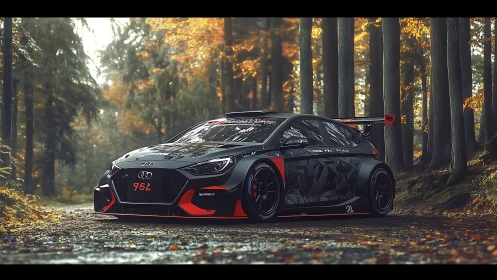 Track-born forest predator, matte-black racer stalks autumn roads.