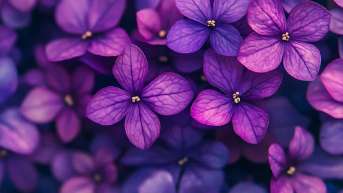 Vibrant Purple Petals: Macro Botanical Study of Four-Lobed Flower Clusters.