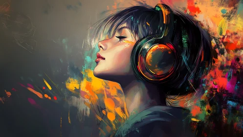 Woman with headphones in colorful abstract digital art.