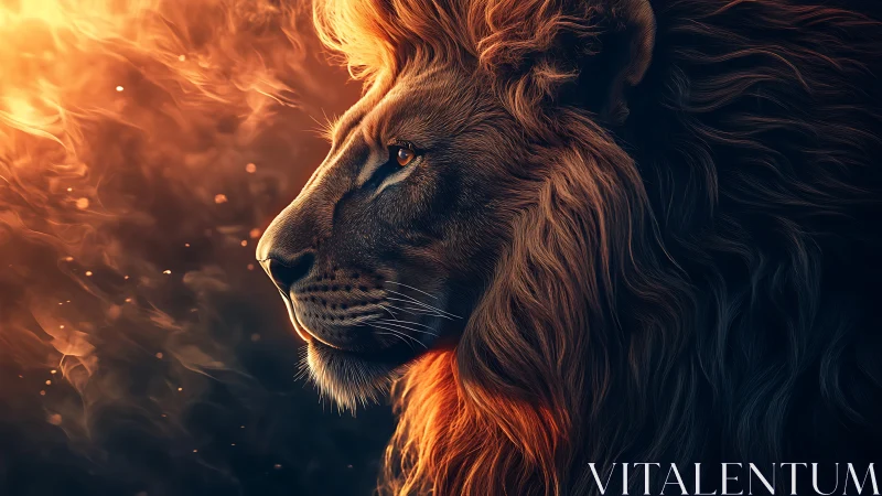 Majestic lion gazes into warm glowing light with calm strength