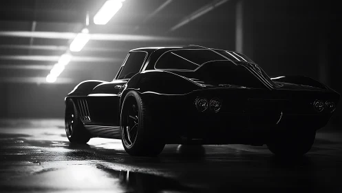 Black classic sports car in dimly lit underground garage.