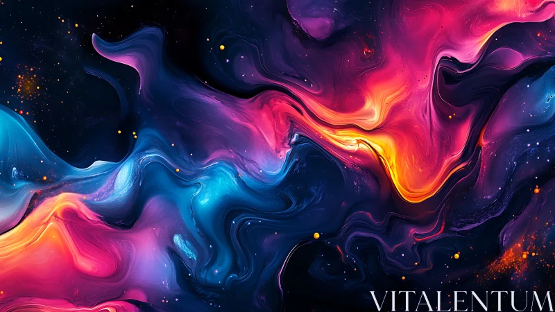 Neon cosmic fluid waves merge across deep space canvas.