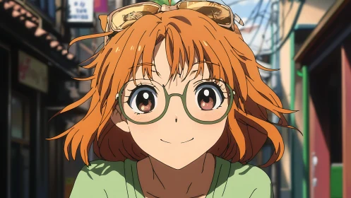 Smiling anime girl with glasses walks through sunny alleyway