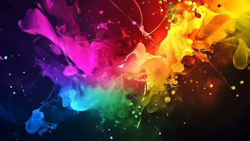 Colorful swirling paint clouds glow in a lively rainbow burst.