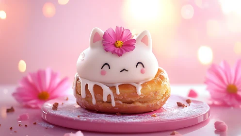 White Ceramic Cat Figure on Pastry with Pink Flower