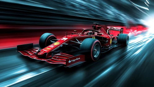Dynamic red Formula race car in high-speed tunnel environment.