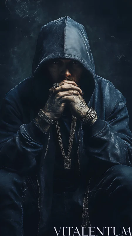 Hooded figure in low key portrait with metallic streetwear focus.