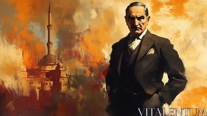 Dignified suited man stands before dramatic mosque skyline