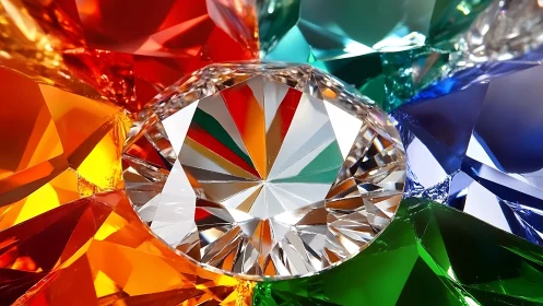 Multicolored faceted gemstones form tightly packed composition