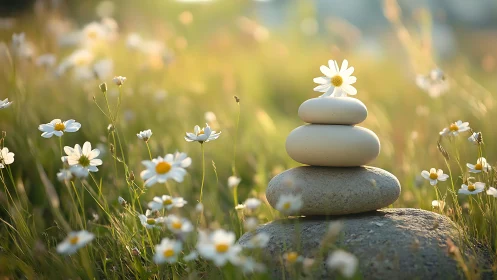 Gentle stone stack with daisies glowing in soft evening light.