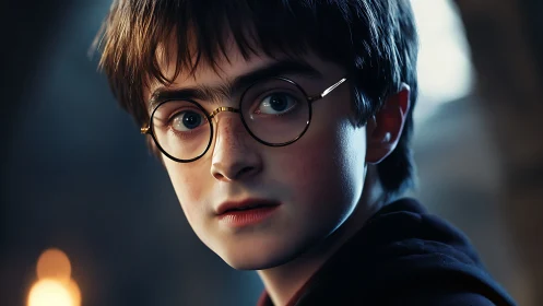 Young bespectacled boy in soft cinematic close-up portrait.