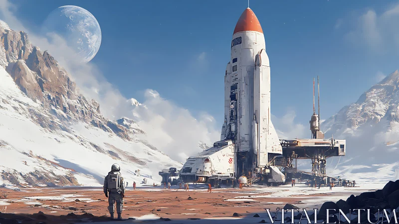 Bold rocket awaits launch on a calm snowy alien frontier