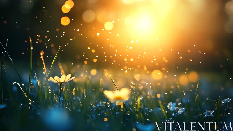 Backlit meadow macro captures dewy flowers in golden bokeh