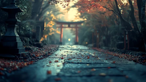 Low-angle torii pathway in mist with shallow depth of field.