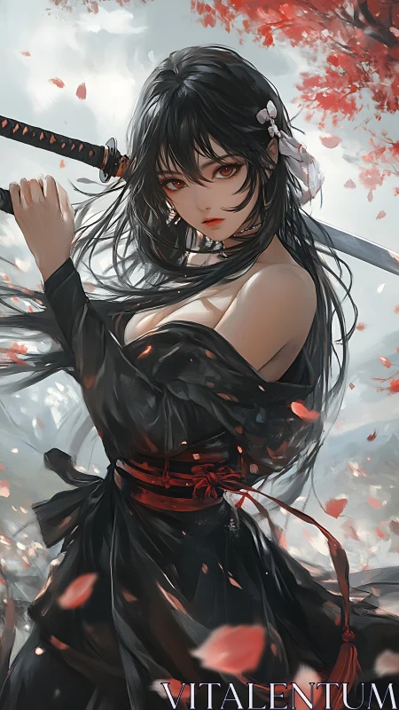 Sword-wielding heroine stands amid swirling red petals.