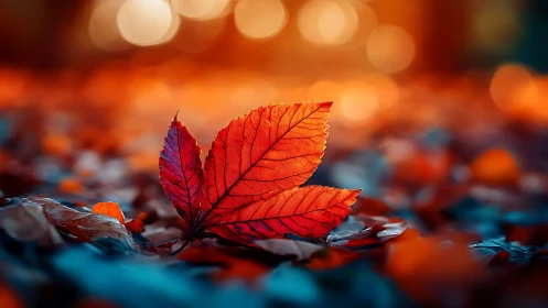 Vibrant red autumn leaf on blurred forest floor at dusk.