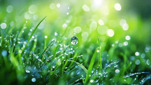 Morning dew on grass blades under soft green sunlight.