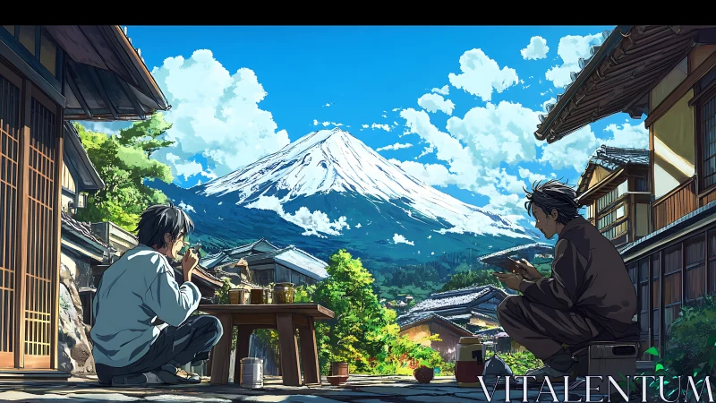 Mountain village lunch scene under bright summer sky.