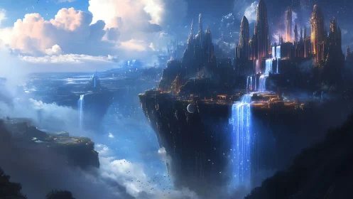 Floating luminous citadel overlooks cascading sky waterfalls