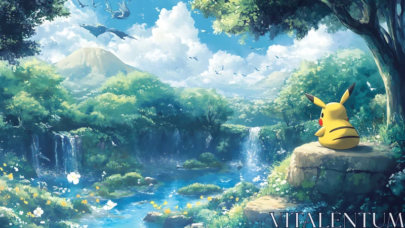 Pikachu observing layered waterfalls in lush valley landscape.