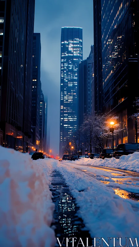 Nocturnal snow corridor framing luminous highrise core.