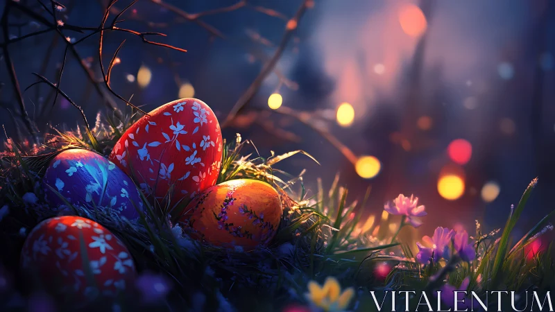 Glowing painted Easter eggs rest in dreamy twilight grass.