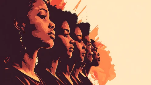 Powerful women in profile, digital art style with warm hues.