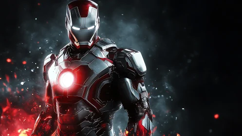 Armored sci‑fi hero stands in glowing red combat suit.
