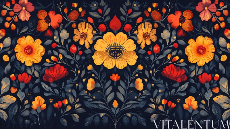 Botanical floral pattern with warm tones against deep navy background.