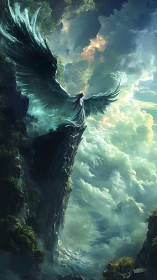Celestial winged guardian rises over storm-lit emerald cliffs