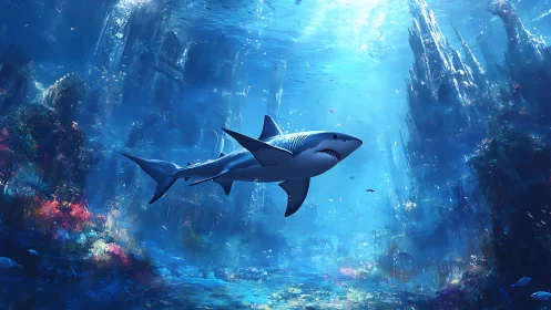 Shark swimming in blue underwater ruins environment.