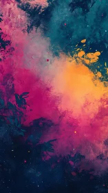 Vertical nebula abstraction with floral silhouettes and glow.