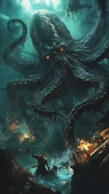 Stormy sea battle with a colossal glowing eyed kraken.