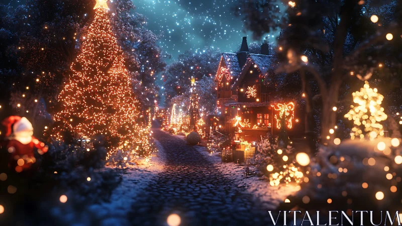 Snow-covered village lane is illuminated by dense festive lights