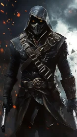 Hooded gunman in armored coat stands amid drifting embers