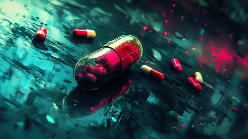 Cyber-noir macro capsule scene dramatizes synthetic pharmacology