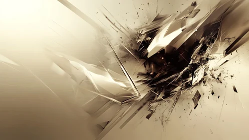 Fragmented metallic shards intersect within a neutral gradient field