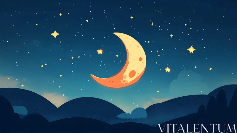Crescent moon glows over starlit hills in dreamy night sky.