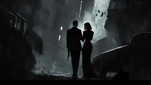 Silhouetted figures walking in dark urban alley at night.