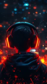 Immersed in neon sound, a quiet gamer lights the night.